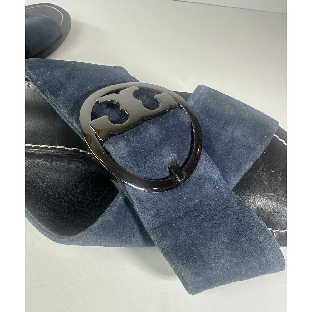 Tory Burch Grant Suede Sandal Open Toe Criss Cross Slides Midnight Blue 7.5 M - Picture 9 of 16
